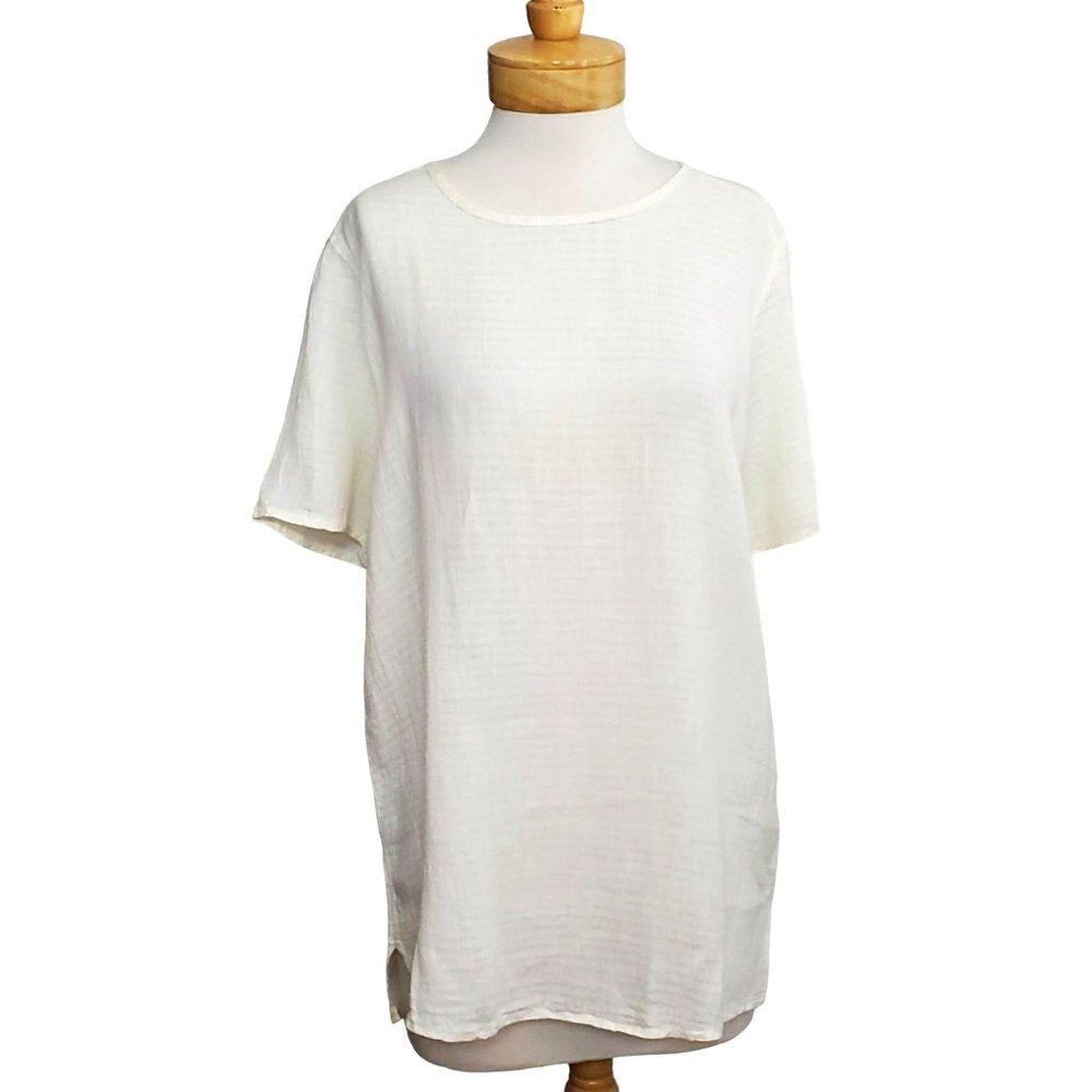 FLAX VTG Jeanne Engelhart Tunic Top 100% Linen Off White/Ivory Side Slits Petite
